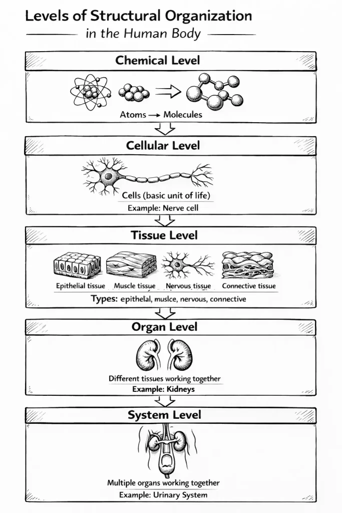 A black and white instructional sketch showing the levels of body organization from the chemical level through to the urinary system level for nursing students