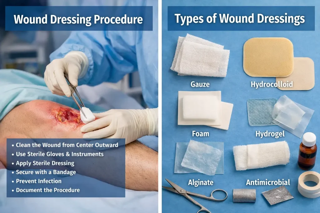 Wound dressing procedure in nursing showing sterile cleaning of an infected wound using forceps and gauze to prevent infection