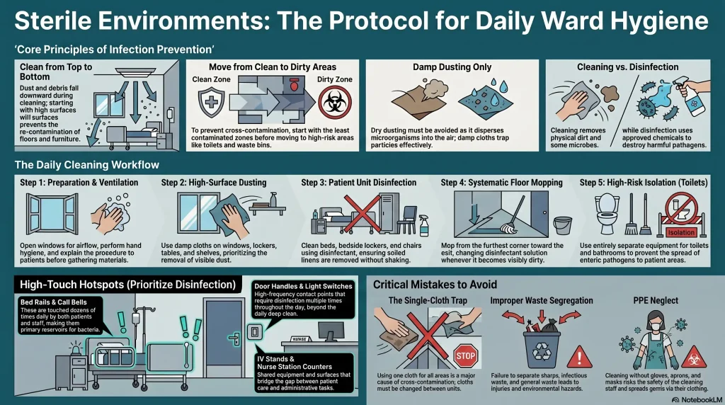 This infographic provides a step-by-step visual of the daily ward cleaning procedure. It shows the gathering of equipment like mops, buckets, and chlorine solutions
. It visually reinforces the principle of cleaning from top to bottom and clean areas to dirty areas
,
. Specific panels highlight the role of nurses in supervising these activities and the importance of proper waste segregation to prevent injuries and cross-contamination
