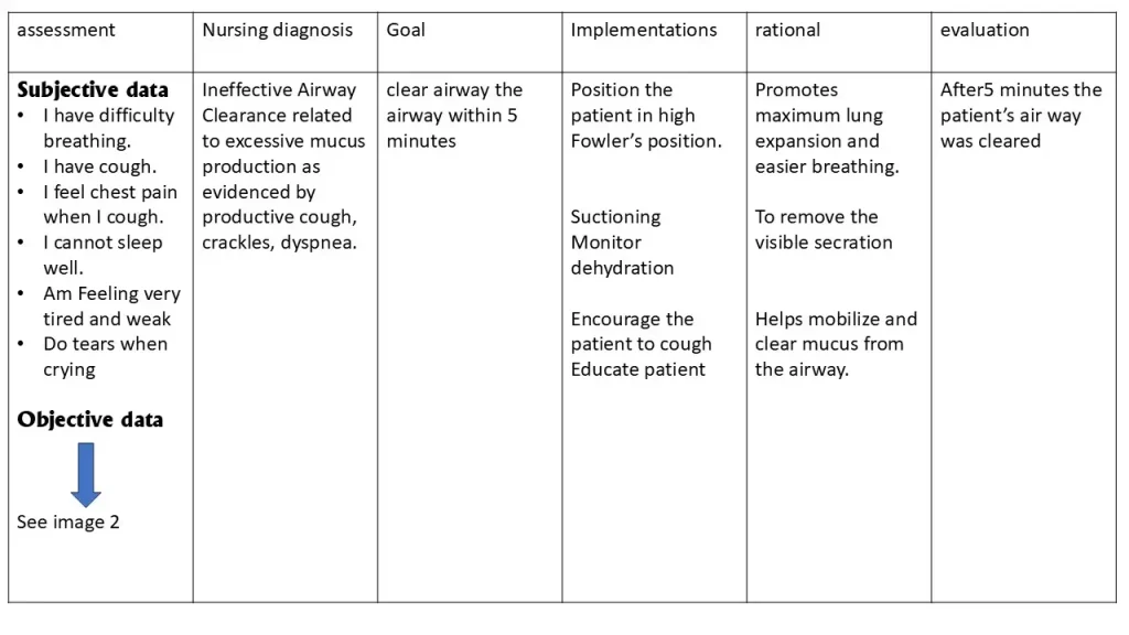 Nursing care plan for pneumonia Nursing care plan for pneumonia outlining assessment, nursing diagnoses, interventions, patient goals, and evaluation for effective respiratory care.