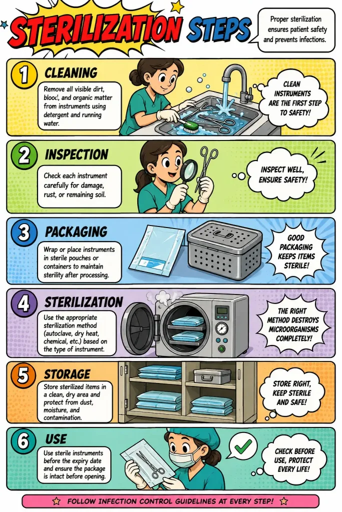 Sterilization in Nursing: Importance, Methods, Procedures, and Infection Control infographic showing sterilization in nursing steps including cleaning, inspection, packaging, sterilization, storage, and safe instrument use