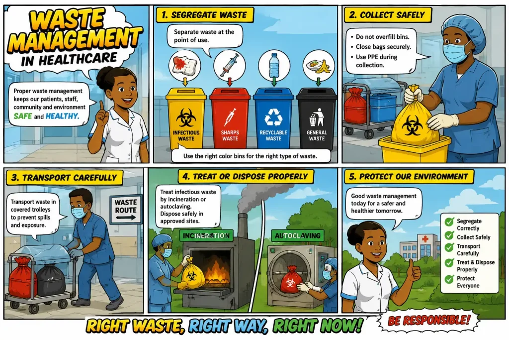 Waste Management in the hospital Comic-style illustration showing hospital waste management procedures, including medical waste segregation, color-coded waste bins, safe collection, transportation, treatment, disposal, and environmental protection by healthcare workers following infection prevention and control guidelines