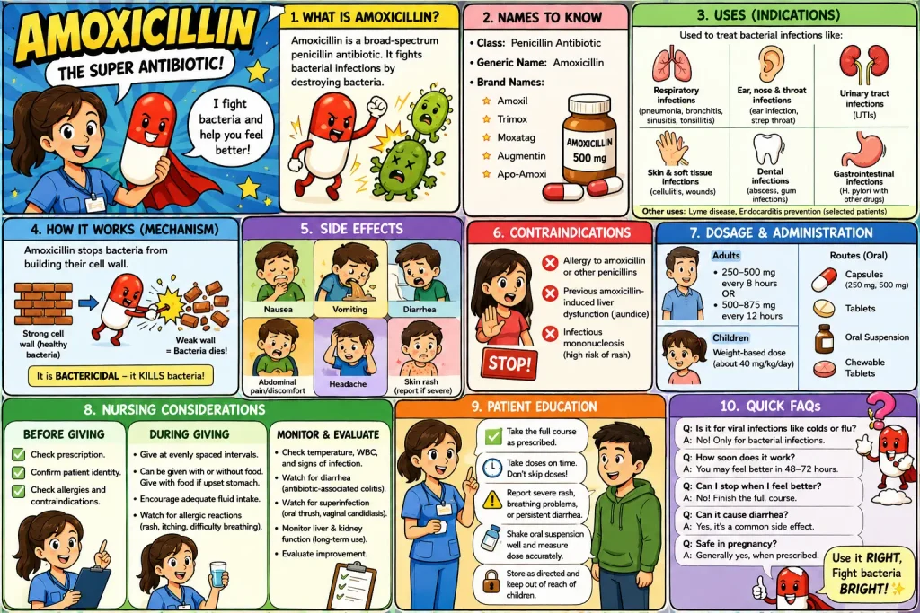 Amoxicillin: Uses, Dosage, Side Effects, Contraindications, and Nursing Considerations Amoxicillin: Uses, Dosage, Side Effects, Contraindications, and Nursing Considerations