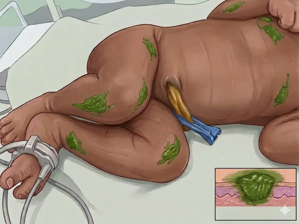 illustration shawing baby with Meconium Aspiration Syndrome (MAS): Causes, Symptoms, Treatment nursing intervention & Prevention
