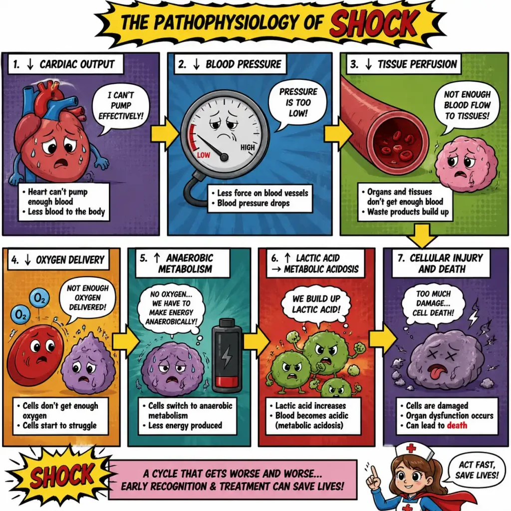 shock: causes, types, signs and symptoms, management and nursing interventions, complications