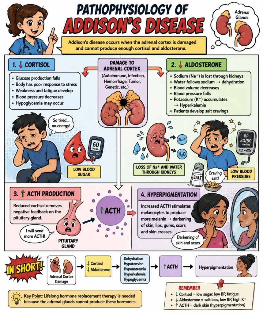 Addison's Disease Nursing Notes: Causes, Symptoms, Diagnosis, Treatment, and Nursing Management Infographic illustrating the pathophysiology of Addison's disease, showing adrenal cortex damage leading to decreased cortisol and aldosterone, increased ACTH, dehydration, hypotension, hyperkalemia, hypoglycemia, and hyperpigmentation.