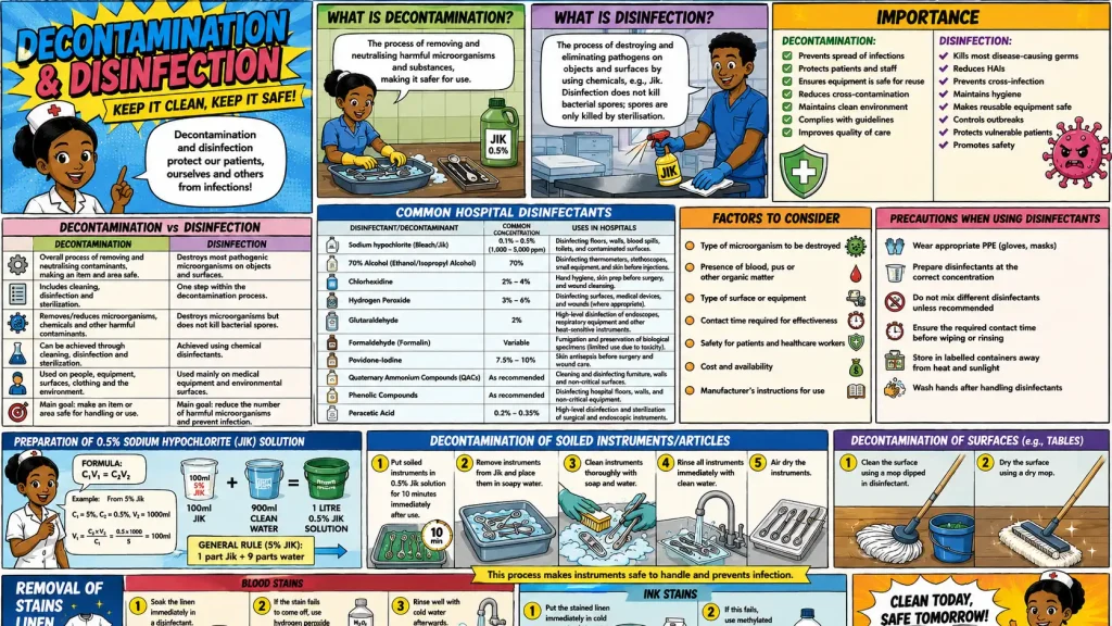 Decontamination and Disinfection in the Hospital Comic-style infographic illustrating decontamination and disinfection in nursing, including definitions, differences, importance, hospital disinfectants, preparation of 0.5% Jik (sodium hypochlorite) solution, instrument decontamination, surface cleaning procedures, and removal of blood and ink stains from hospital linen.