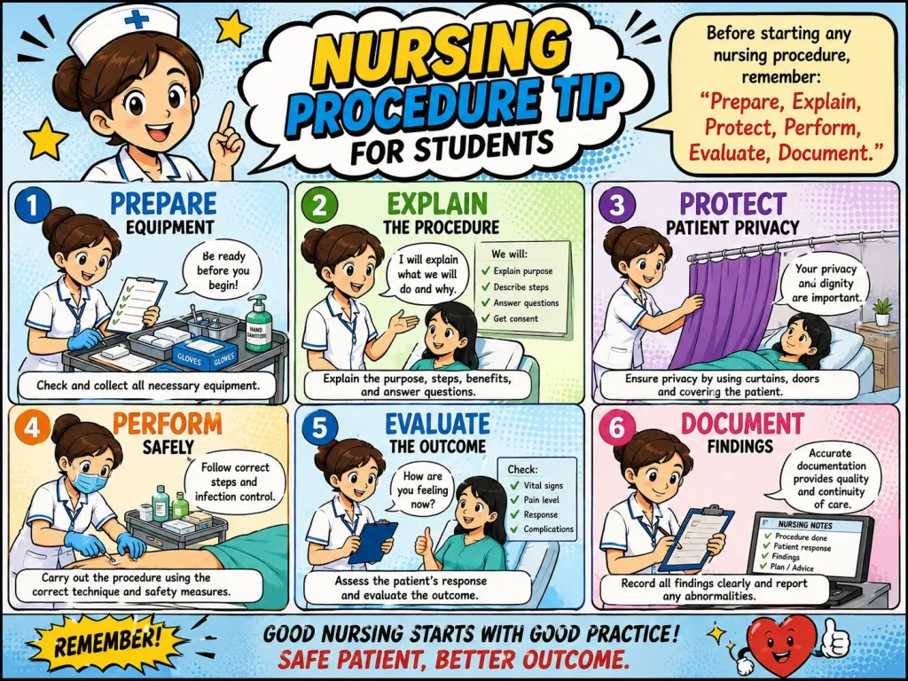 General Rules and Principles of Nursing Procedures: Complete Guide for Nursing Students Comic-style nursing infographic showing the six essential steps of a nursing procedure: Prepare equipment, Explain the procedure, Protect patient privacy, Perform safely, Evaluate the outcome, and Document findings.