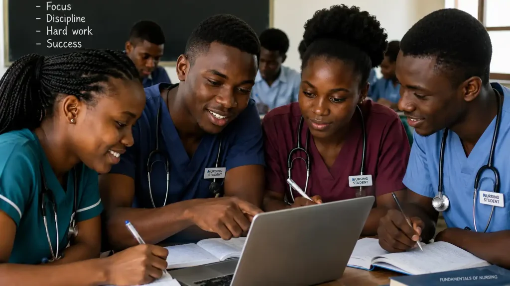 Nursing students in different colored scrubs studying together with nursing textbooks and a laptop during a classroom revision session